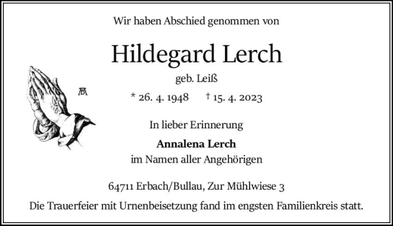 Traueranzeige von Hildegard Lerch von Odenwälder Echo