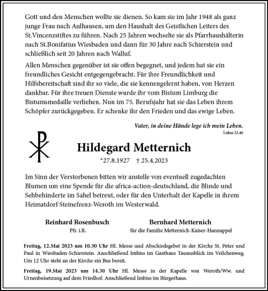 Traueranzeige von Hildegard Metternich von Wiesbadener Kurier