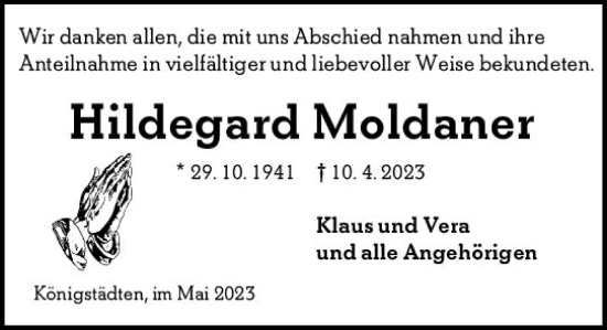 Traueranzeige von Hildegard Moldaner von Rüsselsheimer Echo
