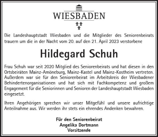 Traueranzeige von Hildegard Schuh von Wiesbadener Kurier