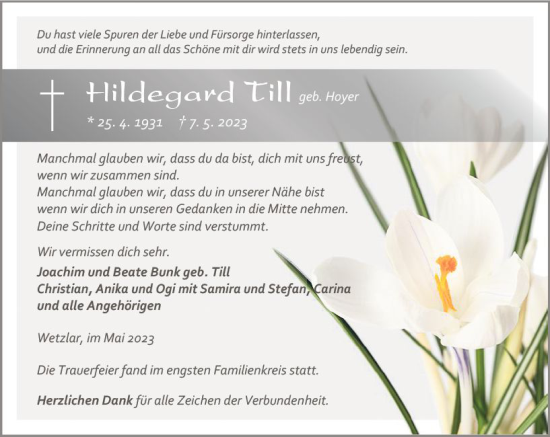 Traueranzeige von Hildegard Till von Wetzlarer Neue Zeitung