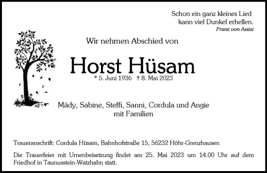 Traueranzeige von Horst Hüsam von Wiesbadener Kurier