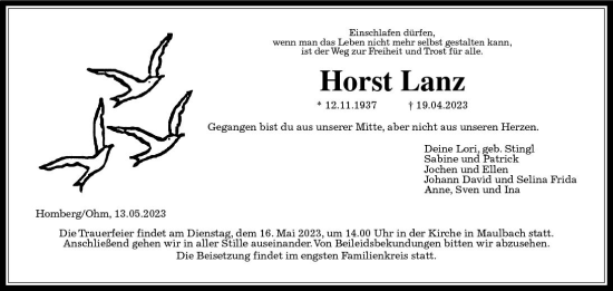 Traueranzeige von Horst Lanz von VRM Trauer
