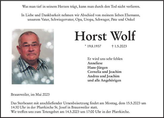 Traueranzeige von Horst Wolf von Allgemeine Zeitung Bad Kreuznach