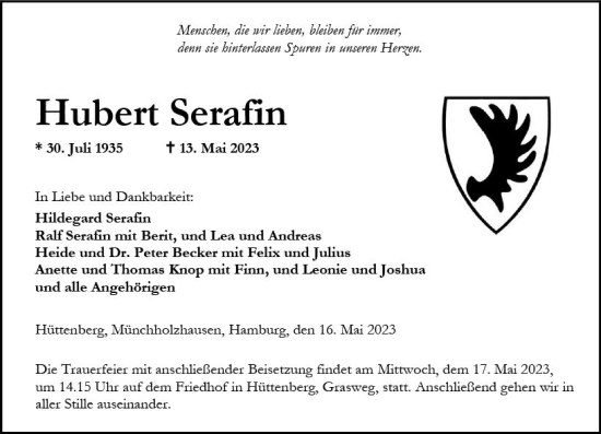 Traueranzeige von Hubert Serafin von Wetzlarer Neue Zeitung