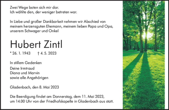 Traueranzeige von Hubert Zintl von Hinterländer Anzeiger