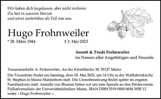 Traueranzeige von Hugo Frohnweiler von Allgemeine Zeitung Mainz