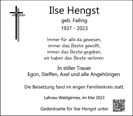 Traueranzeige von Ilse Hengst von Wetzlarer Neue Zeitung