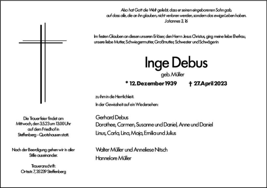 Traueranzeige von Inge Debus von Hinterländer Anzeiger