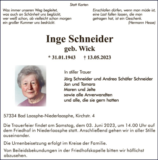 Traueranzeige von Inge Schneider von Hinterländer Anzeiger