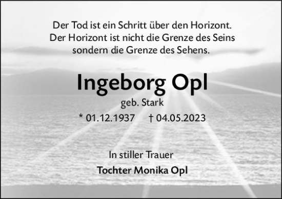Traueranzeige von Ingeborg Opl von Weilburger Tageblatt