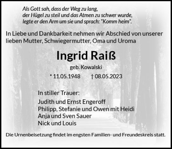 Traueranzeige von Ingrid Raiß von Groß-Gerauer Echo