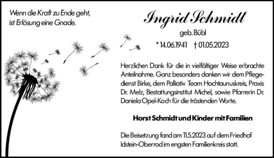 Traueranzeige von Ingrid Schmidt von Untertaunus/Idstein Wochenblatt