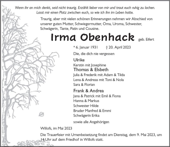 Traueranzeige von Irma Obenhack von Oberhessen Kurier