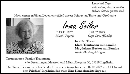 Traueranzeige von Irma Seiler von Allgemeine Zeitung Bingen/Ingelheim