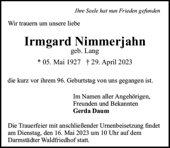 Traueranzeige von Irmgard Nimmerjahn von Darmstädter Echo