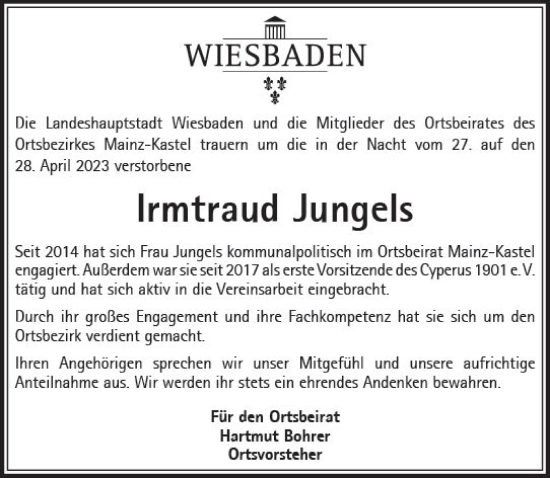 Traueranzeige von Irmtraud Jungels von Wiesbadener Kurier