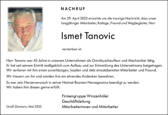 Traueranzeige von Ismet Tanovic von Dieburger Anzeiger/Groß-Zimmerner Lokal-Anzeiger