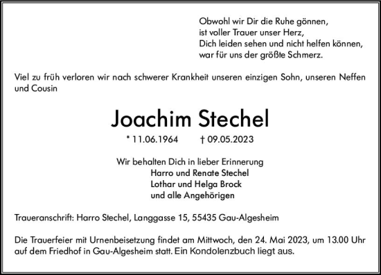 Traueranzeige von Joachim Stechel von Allgemeine Zeitung Bingen/Ingelheim