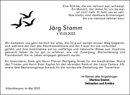 Traueranzeige von Jörg Stamm von Wetzlarer Neue Zeitung