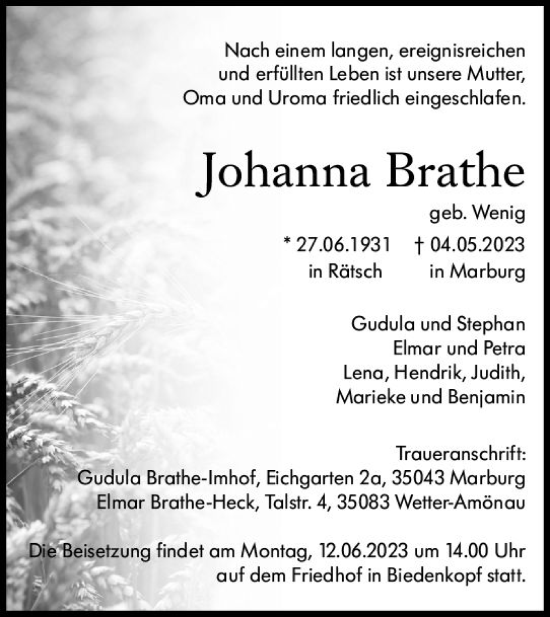 Traueranzeige von Johanna Brathe von Hinterländer Anzeiger