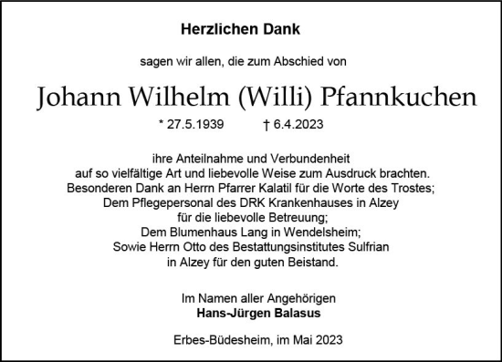 Traueranzeige von Johann Wilhelm  Pfannkuchen von Allgemeine Zeitung Alzey