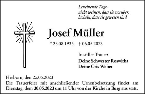Traueranzeige von Josef Müller von Dill Block