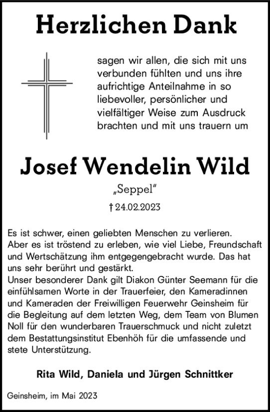 Traueranzeige von Josef Wendelin Wild von Groß-Gerauer Echo