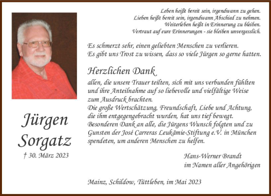 Traueranzeige von Jürgen Sorgatz von Allgemeine Zeitung Mainz