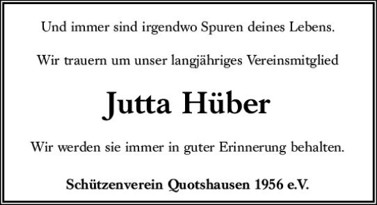 Traueranzeige von Jutta Hüber von Hinterländer Anzeiger