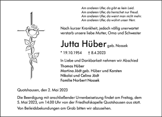 Traueranzeige von Jutta Hüber von Hinterländer Anzeiger