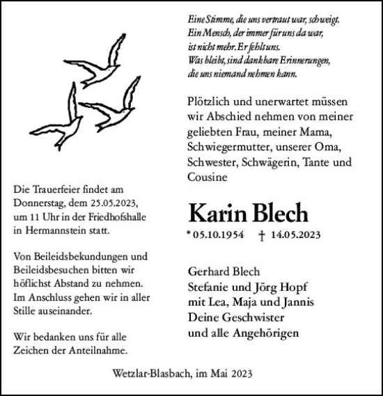 Traueranzeige von Karin Blech von Wetzlarer Neue Zeitung