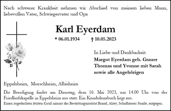 Traueranzeige von Karl Eyerdam von Allgemeine Zeitung Alzey