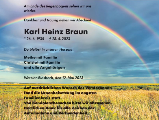 Traueranzeige von Karl Heinz Braun von Wetzlarer Neue Zeitung