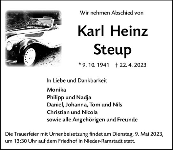 Traueranzeige von Karl Heinz Steup von Darmstädter Echo
