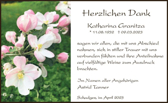 Traueranzeige von Katharina Granitza von VRM Trauer