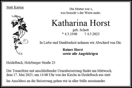 Traueranzeige von Katharina Horst von VRM Trauer
