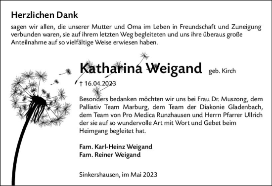 Traueranzeige von Katharina Weigand von Hinterländer Anzeiger