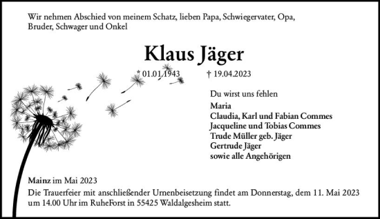 Traueranzeige von Klaus Jäger von Allgemeine Zeitung Mainz