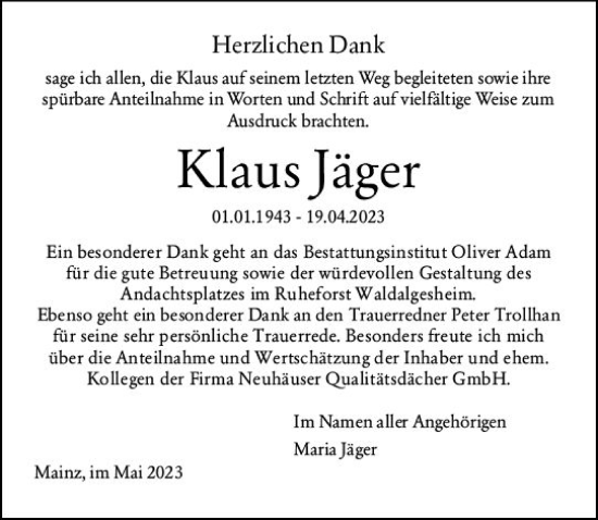 Traueranzeige von Klaus Jäger von Allgemeine Zeitung Mainz