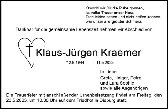 Traueranzeige von Klaus-Jürgen Kraemer von Dieburger Anzeiger/Groß-Zimmerner Lokal-Anzeiger