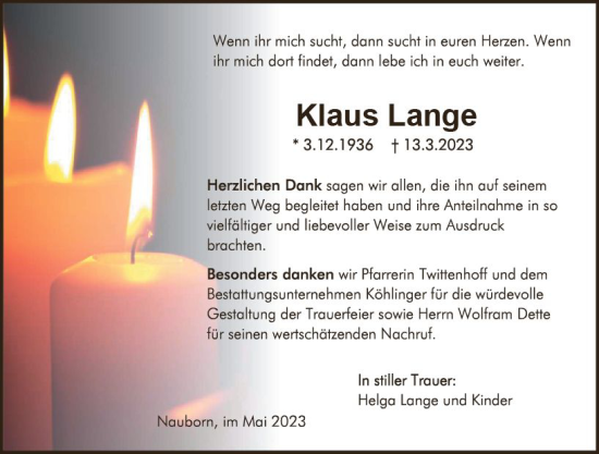 Traueranzeige von Klaus Lange von Wetzlarer Neue Zeitung