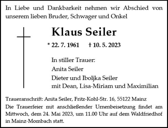 Traueranzeige von Klaus Seiler von Allgemeine Zeitung Mainz
