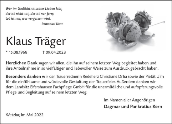 Traueranzeige von Klaus Träger von Wetzlarer Neue Zeitung