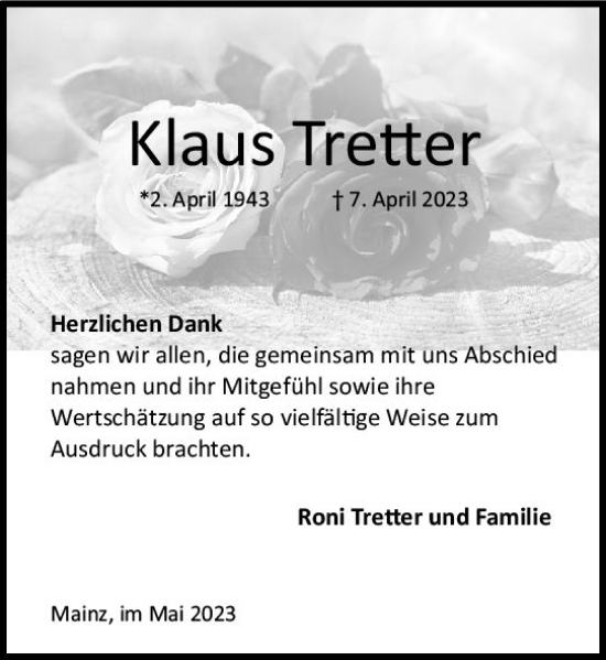 Traueranzeige von Klaus Treffer von Allgemeine Zeitung Mainz