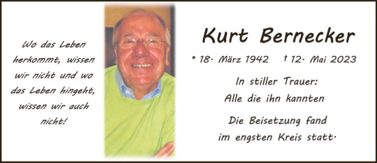 Traueranzeige von Kurt Bernecker von Wiesbadener Kurier