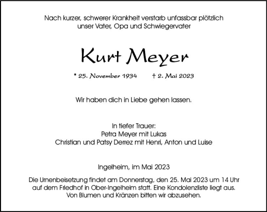 Traueranzeige von Kurt Meyer von Allgemeine Zeitung Bingen/Ingelheim