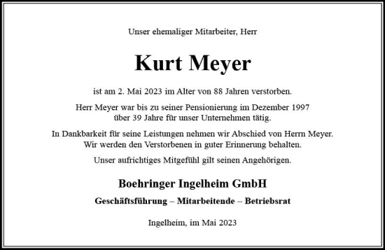 Traueranzeige von Kurt Meyer von Allgemeine Zeitung Bingen/Ingelheim