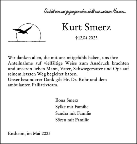 Traueranzeige von Kurt Smerz von Allgemeine Zeitung Alzey