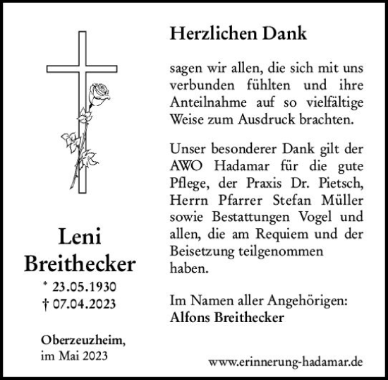 Traueranzeige von Leni Breithecker von Nassauische Neue Presse